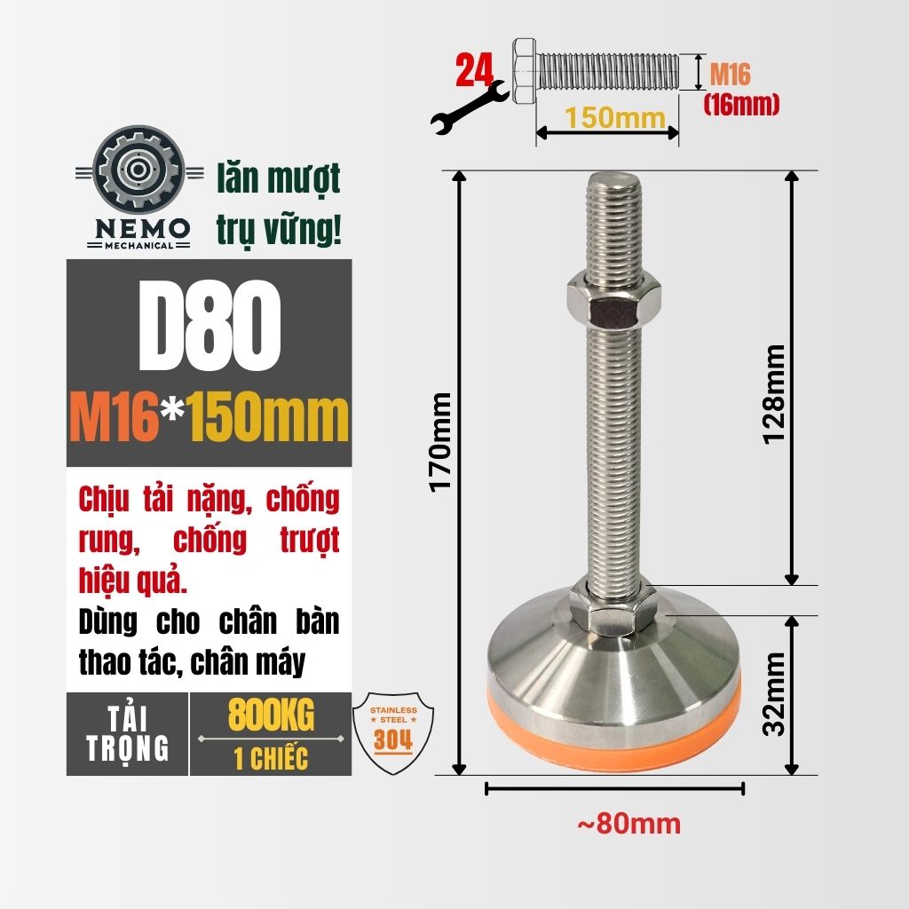 Chân Tăng Chỉnh Inox 304 Ren M16 – Đế Bát Dày Chịu Tải Siêu Nặng 800kg, Chống Ăn Mòn Tuyệt Đối